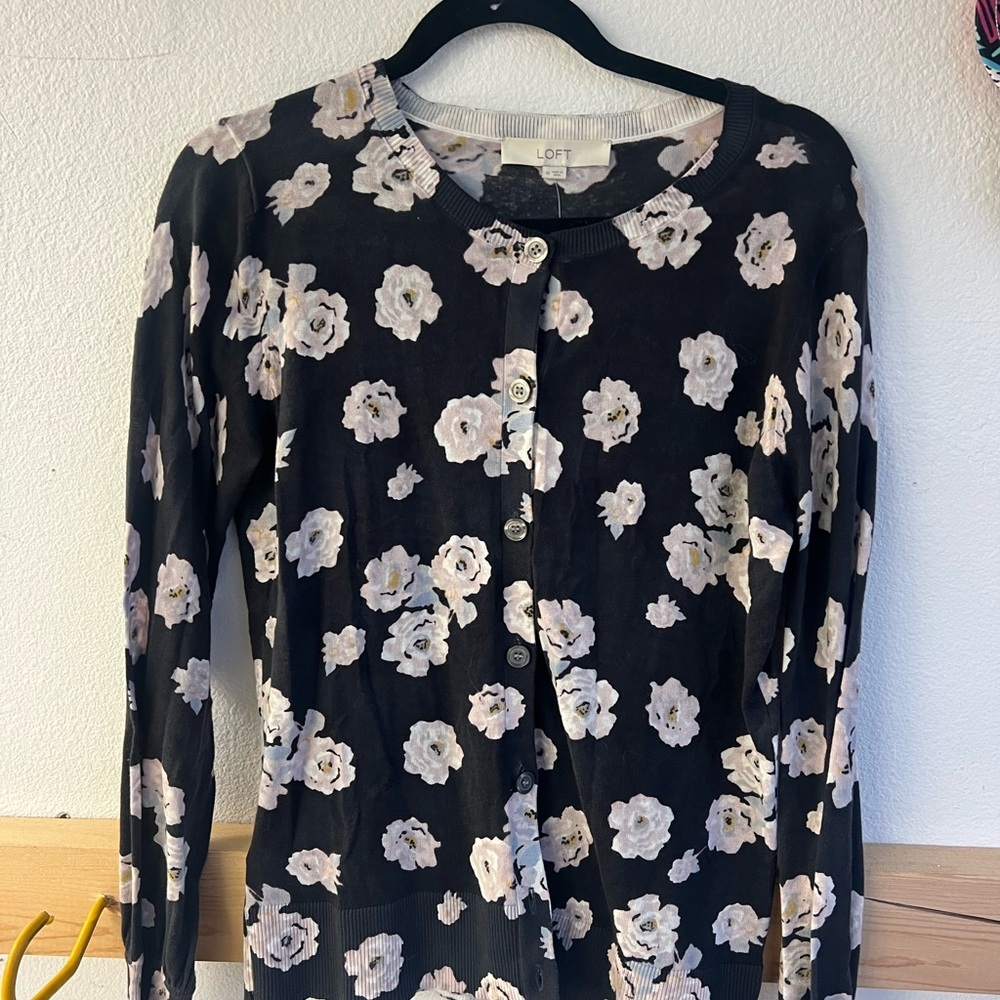 LOFT Black and Cream Floral Button-Up Cardigan